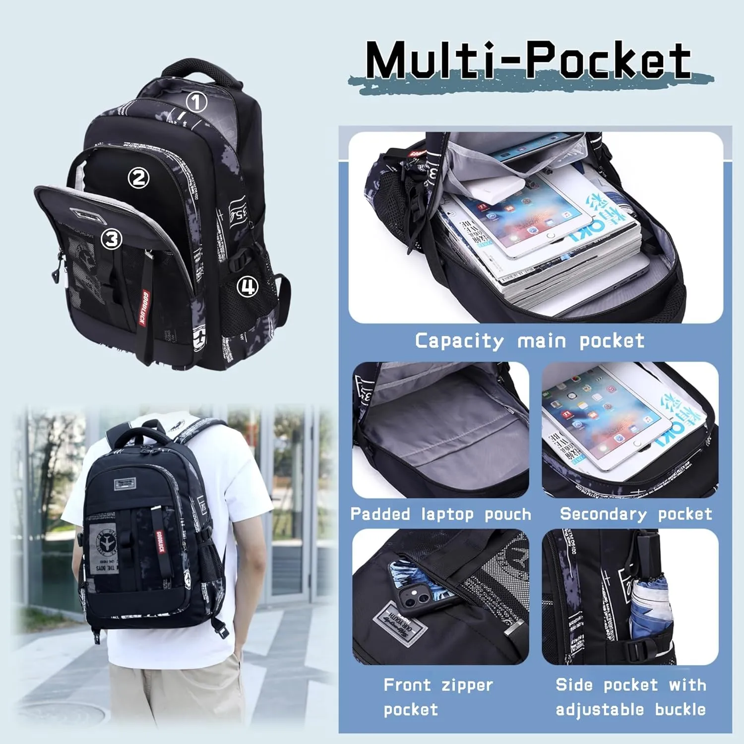 Camo Boys Rolling Backpacks for Kids School, Capacity Wheeled Bookbags Elementary School Bags Back Packs with 6 Wheels