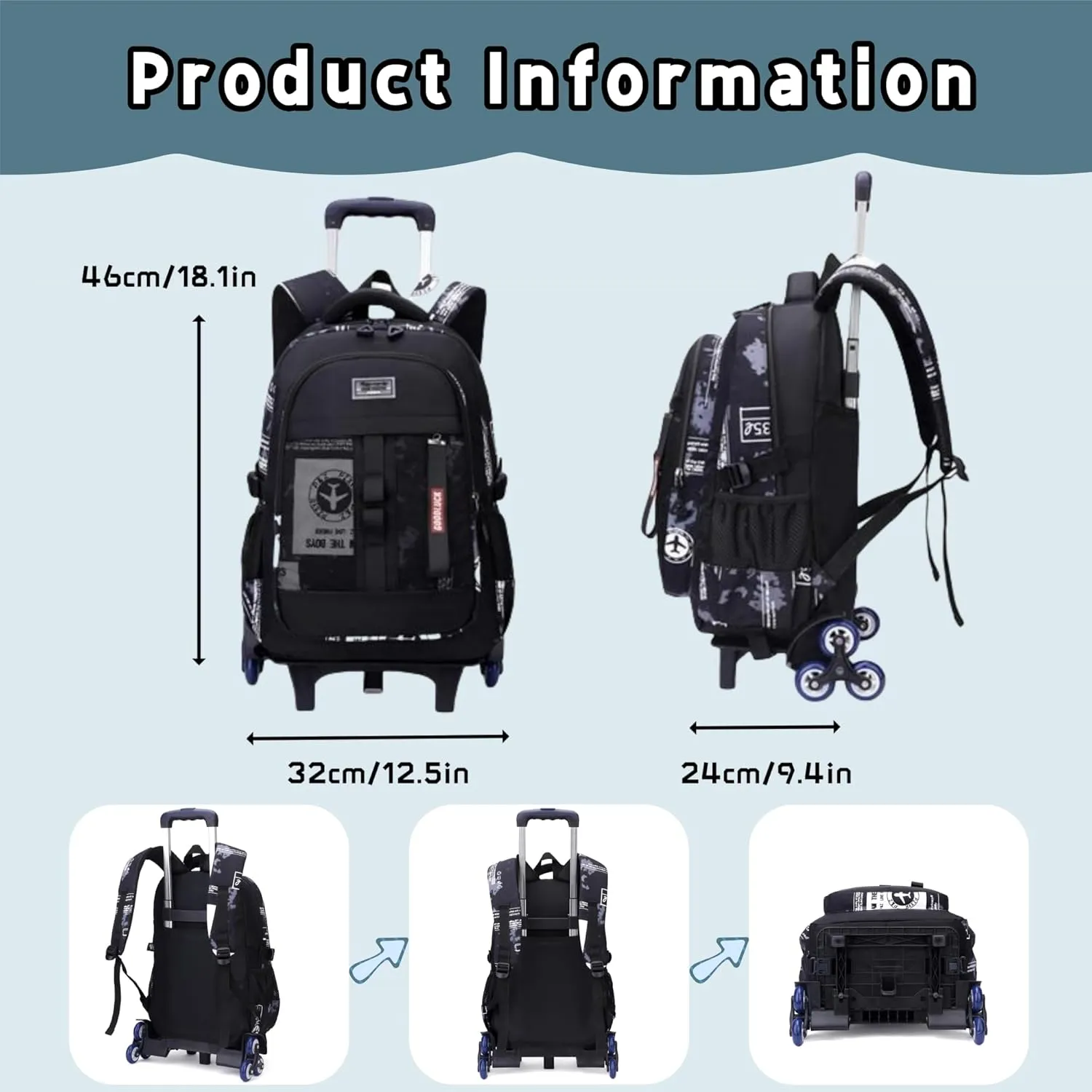 Camo Boys Rolling Backpacks for Kids School, Capacity Wheeled Bookbags Elementary School Bags Back Packs with 6 Wheels