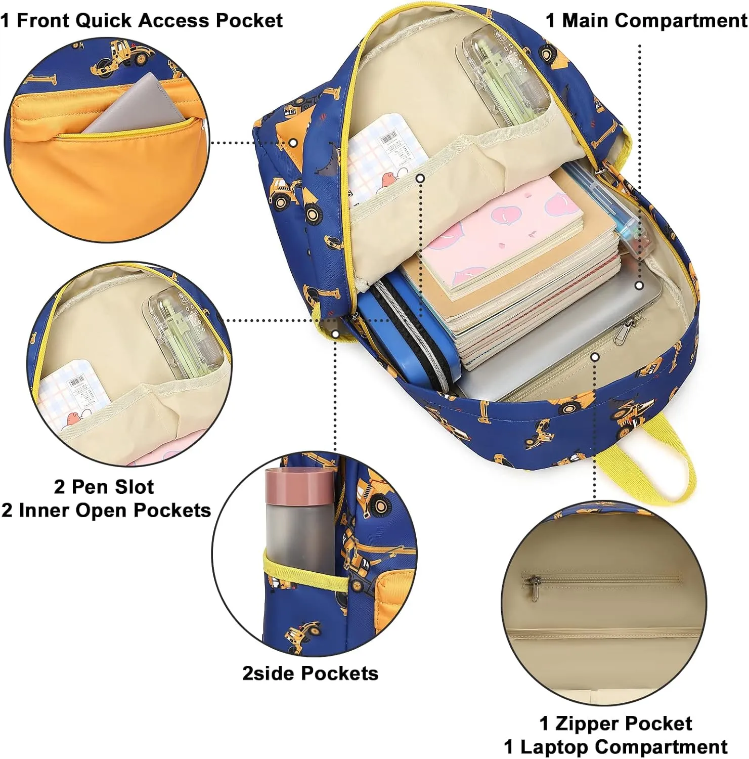 CAMTOP Backpack for Kids, Boys Preschool Backpack with Lunch Box Toddler Kindergarten Construction School Bookbag Set