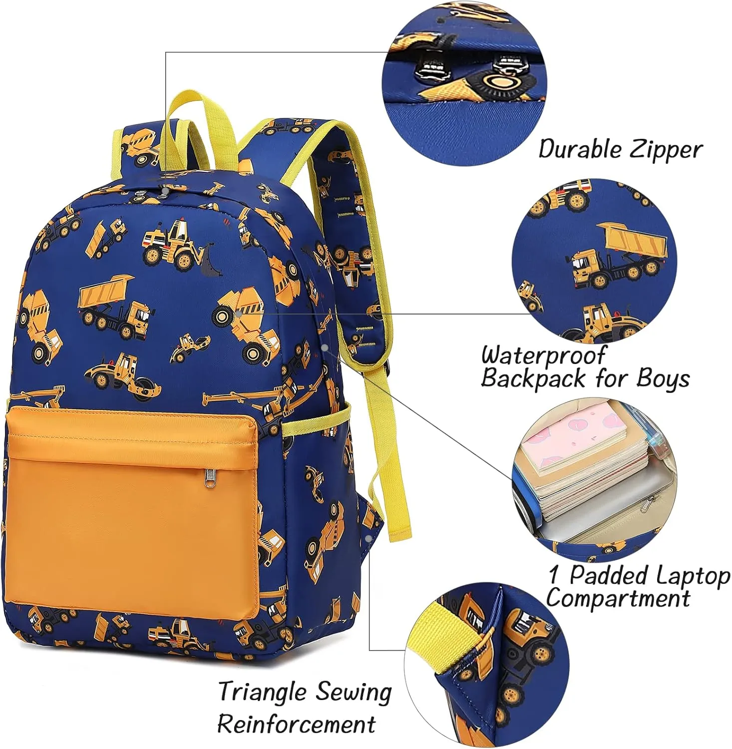 CAMTOP Backpack for Kids, Boys Preschool Backpack with Lunch Box Toddler Kindergarten Construction School Bookbag Set