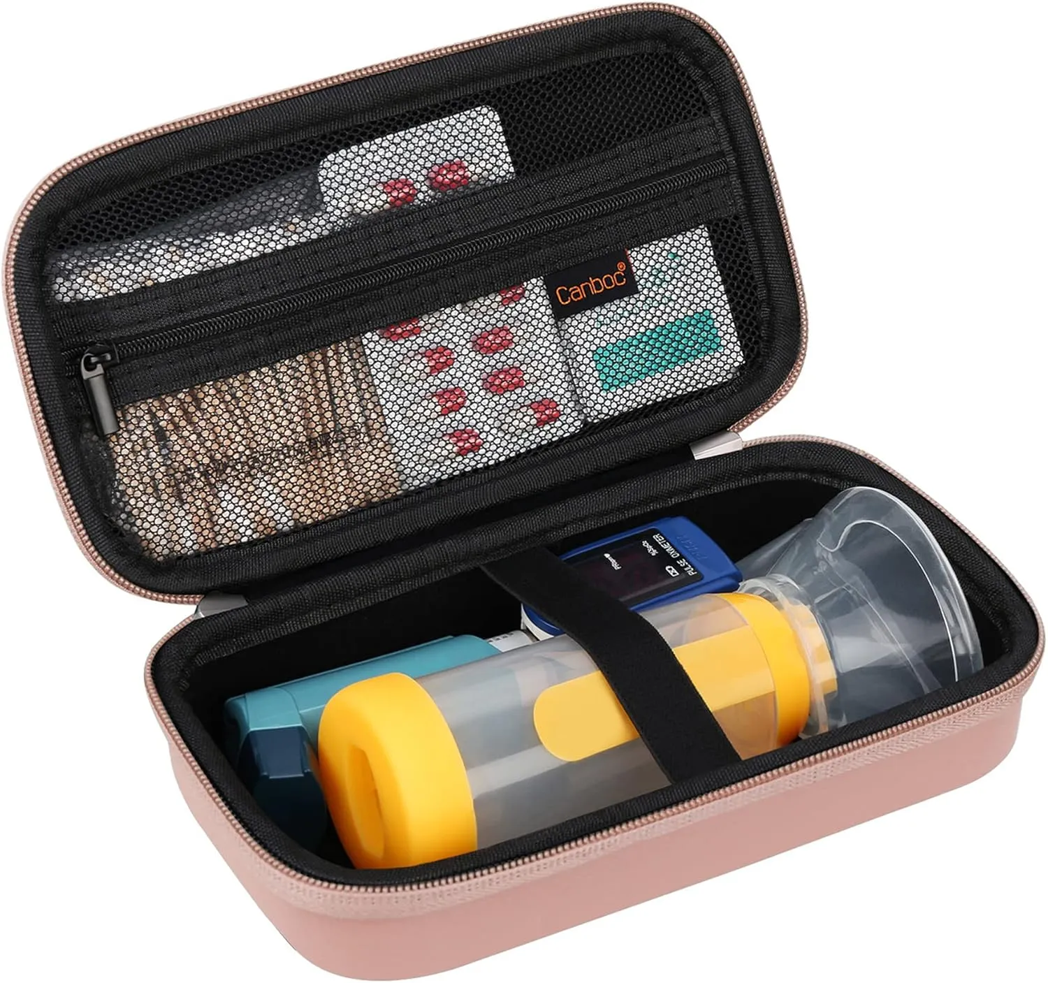 Canboc Travel Carrying Case for Asthma Inhaler, Handheld Spacer for Adults and Kids, Masks, Hard Inhaler Case with Mesh Pocket fit Medicine and Other Essentials, Rose Gold (CASE ONLY)