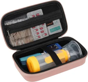 Canboc Travel Carrying Case for Asthma Inhaler, Handheld Spacer for Adults and Kids, Masks, Hard Inhaler Case with Mesh Pocket fit Medicine and Other Essentials, Rose Gold (CASE ONLY)