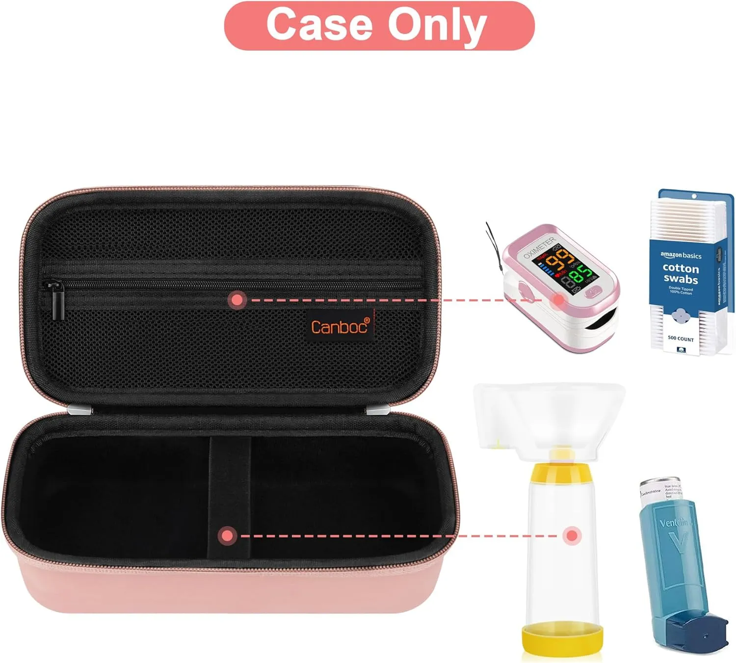 Canboc Travel Carrying Case for Asthma Inhaler, Handheld Spacer for Adults and Kids, Masks, Hard Inhaler Case with Mesh Pocket fit Medicine and Other Essentials, Rose Gold (CASE ONLY)