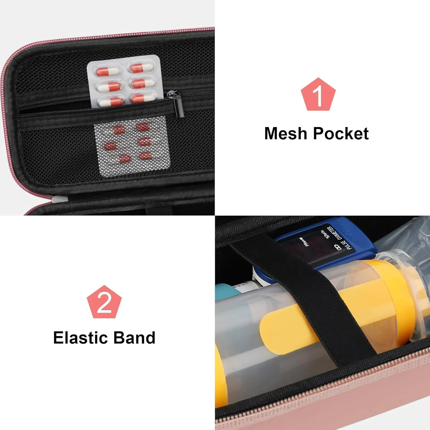 Canboc Travel Carrying Case for Asthma Inhaler, Handheld Spacer for Adults and Kids, Masks, Hard Inhaler Case with Mesh Pocket fit Medicine and Other Essentials, Rose Gold (CASE ONLY)