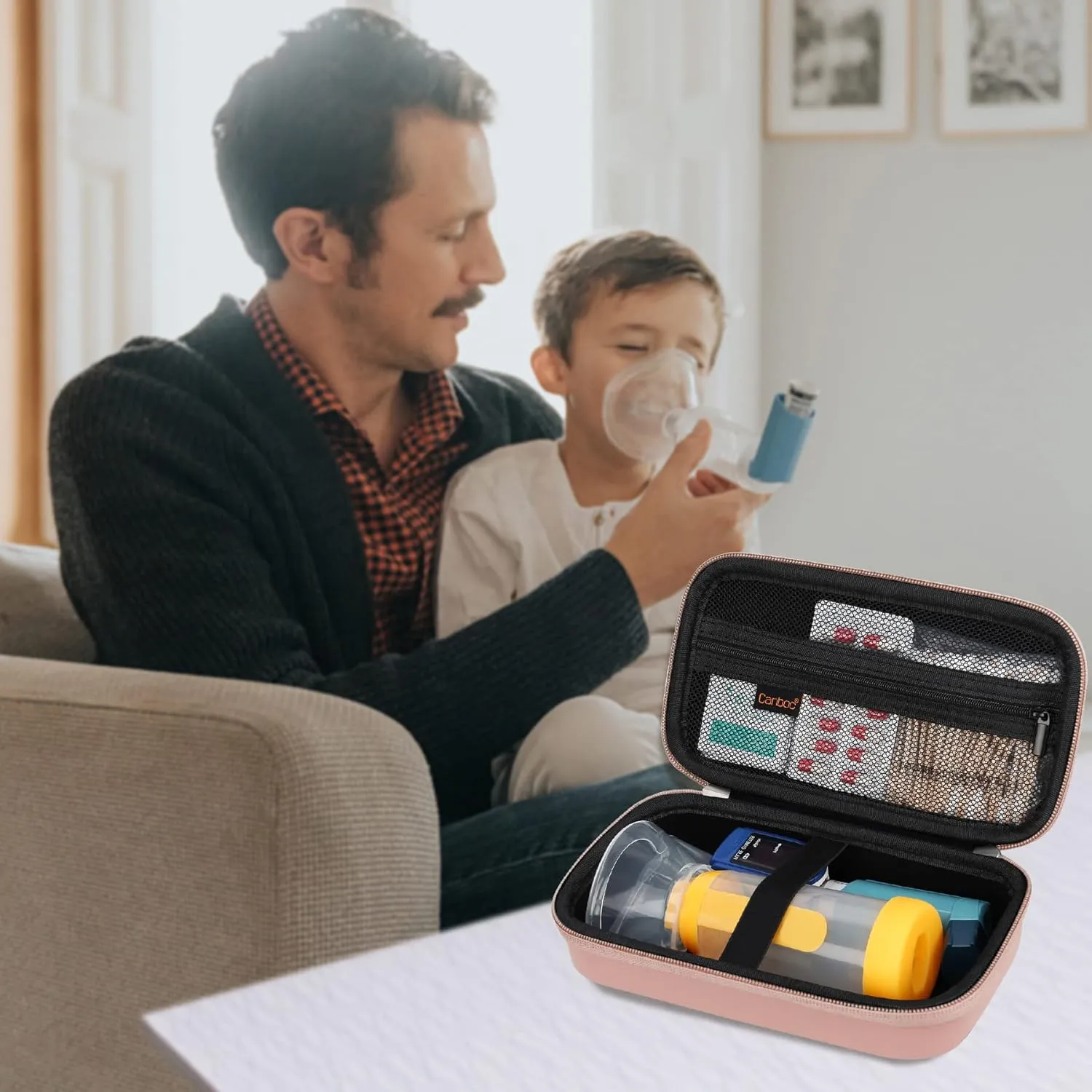 Canboc Travel Carrying Case for Asthma Inhaler, Handheld Spacer for Adults and Kids, Masks, Hard Inhaler Case with Mesh Pocket fit Medicine and Other Essentials, Rose Gold (CASE ONLY)