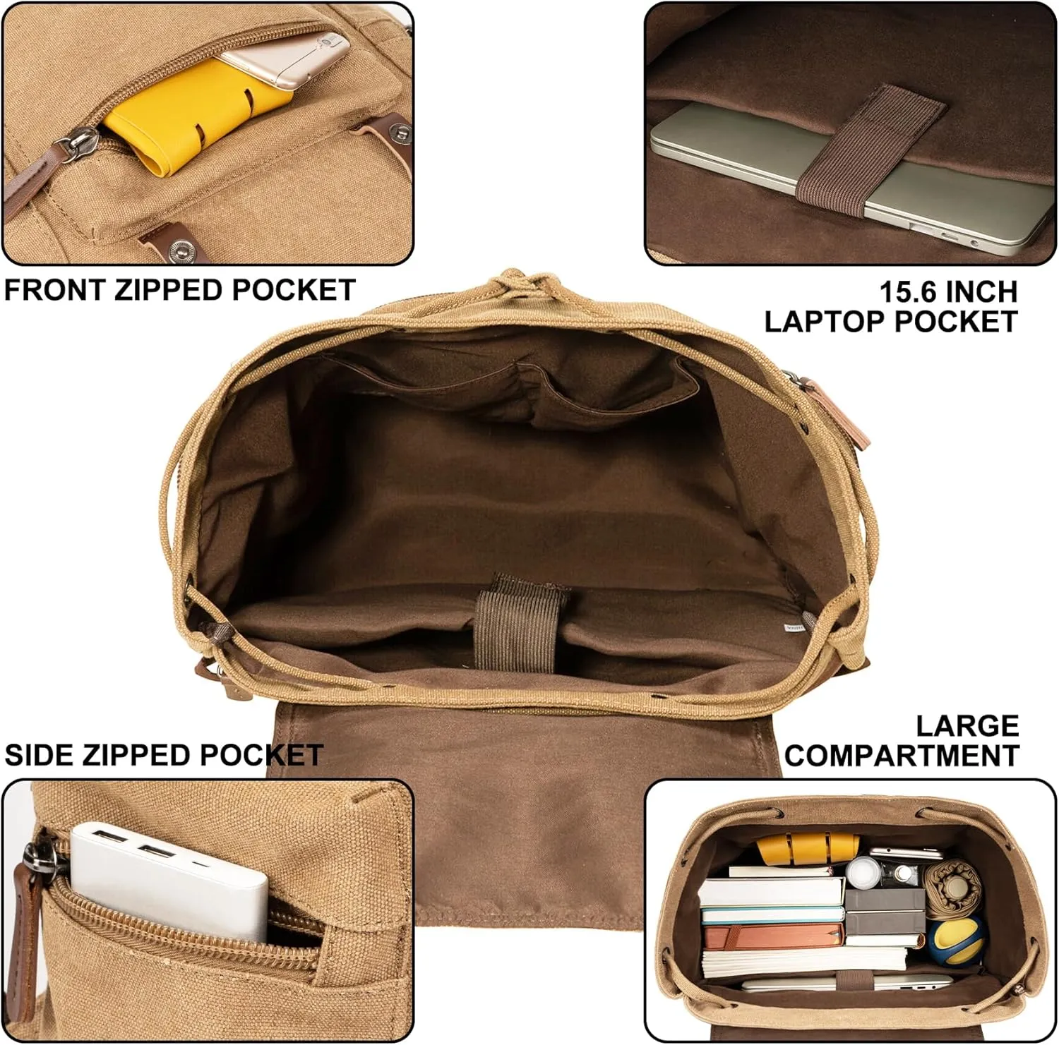 Canvas Laptop Backpack, Vintage Daypack for Men Women, Travel Rucksack Knapsack Work College Computer Bag Bookbag Fits 15.6 Inch Laptop, Brown