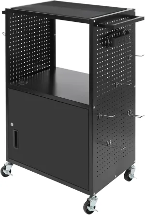 Carbon Steel AV Cart with Extra Storage Cabinet, Heavy-Duty Computer Cart, Rolling Projector Utility Cart, Presentation and Media Cart on Wheels, Mobile Utility Cart with Power Strip, 12 Hooks