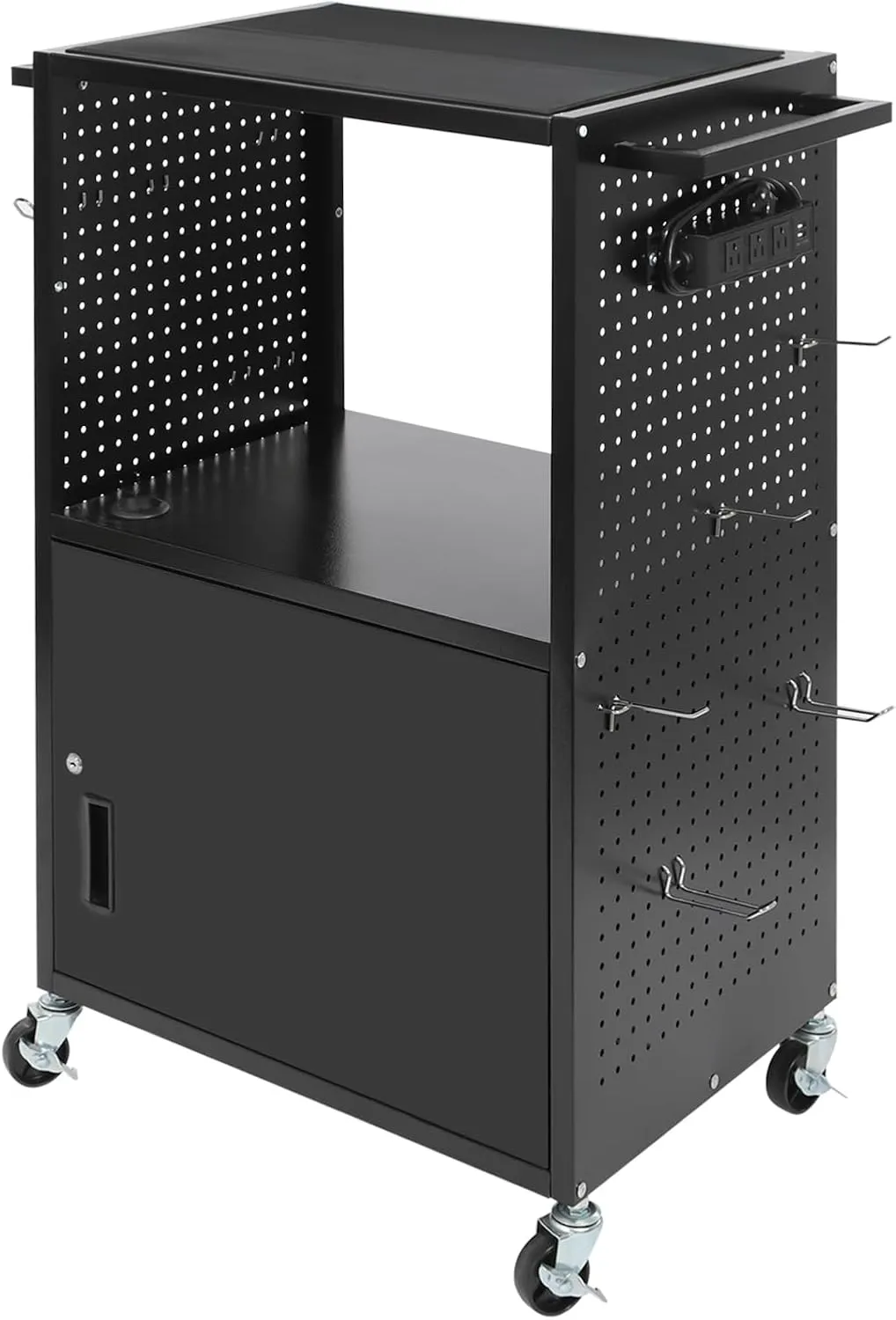 Carbon Steel AV Cart with Extra Storage Cabinet, Heavy-Duty Computer Cart, Rolling Projector Utility Cart, Presentation and Media Cart on Wheels, Mobile Utility Cart with Power Strip, 12 Hooks