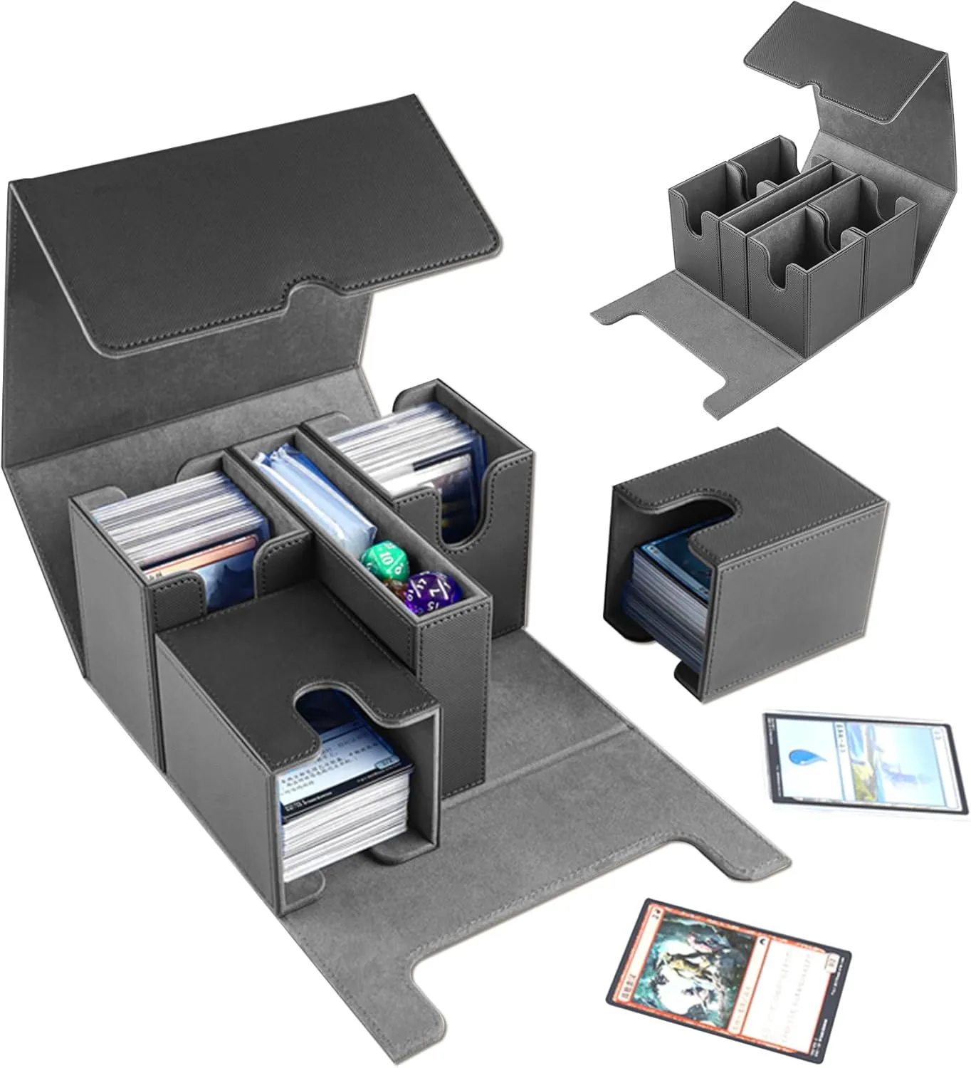 Card Storage Box for Trading Cards，880  Deck Case,5in1 Leather Magnetic Closure Commander Storage Box,Protectors Fit for YuGiOh, MTG and Sport Cards (Black, gray, 880 )