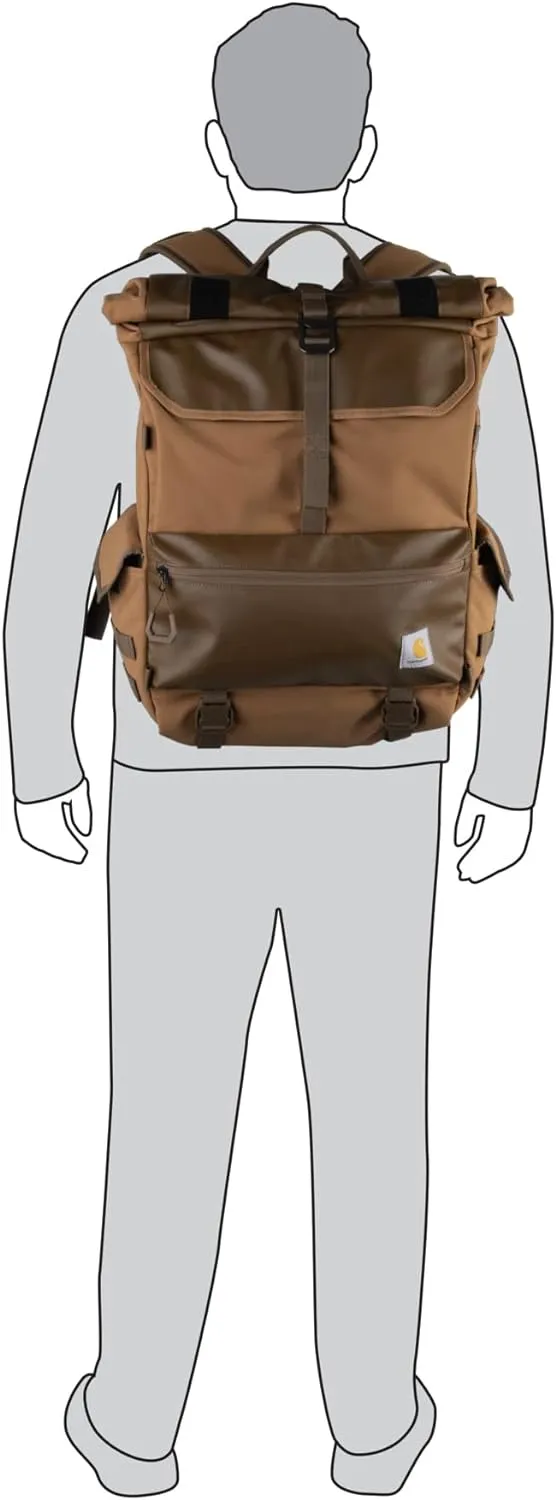 Carhartt 40L Nylon Roll Top Backpack, Heavy-Duty Water-Resistant Material W/ 17" Laptop Sleeve, Black, One Size