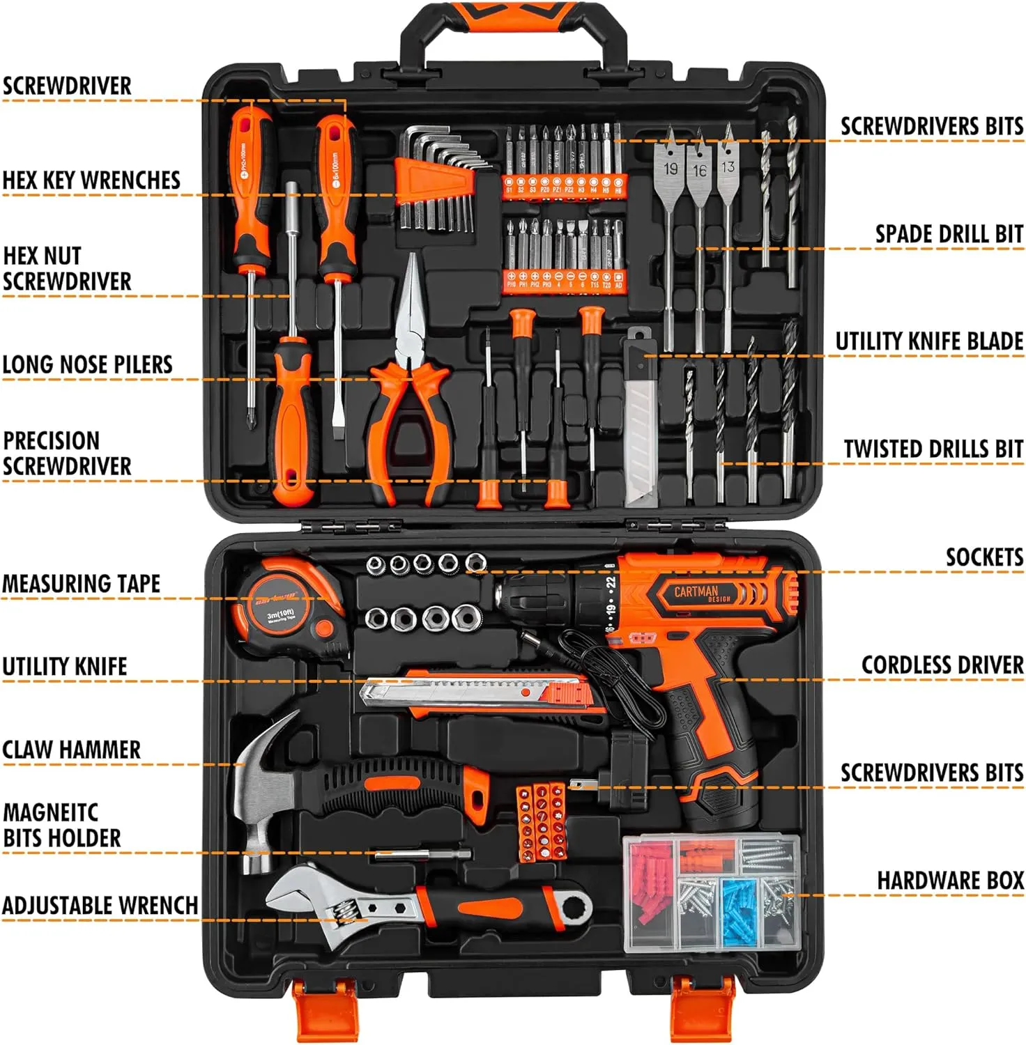 CARTMAN Power Tool Combo Kits with 12V Cordless Drill, Professional Household Home Tool Kit Set, DIY Hand Tool Kits for Garden Office House Repair, with a Robot Style Carry Box