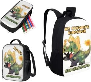 Cartoon Triceratops Watercolor Painting 3 Pcs Backpack Set for Roaring Dinosaur Back to School Bookbag Teen Boys Shoulder School Bags Insulated Lunchbox with Pencil Case