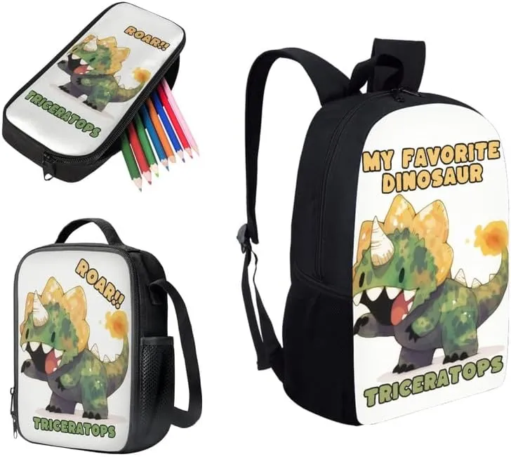 Cartoon Triceratops Watercolor Painting 3 Pcs Backpack Set for Roaring Dinosaur Back to School Bookbag Teen Boys Shoulder School Bags Insulated Lunchbox with Pencil Case