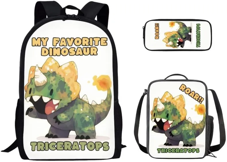 Cartoon Triceratops Watercolor Painting 3 Pcs Backpack Set for Roaring Dinosaur Back to School Bookbag Teen Boys Shoulder School Bags Insulated Lunchbox with Pencil Case