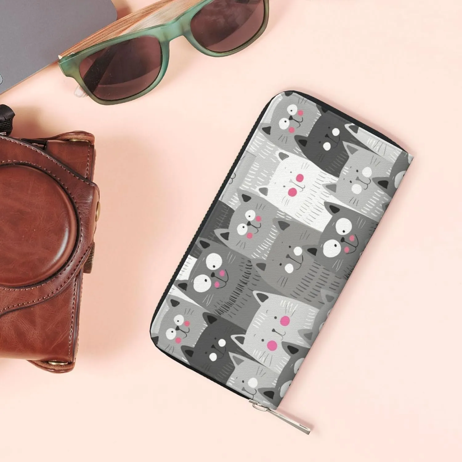 Cat Pattern Wallet for Men Women Elegant Long Clutch Zip Around Travel Leather Coin Purse Large Capacity Credit Card Holder Handbag