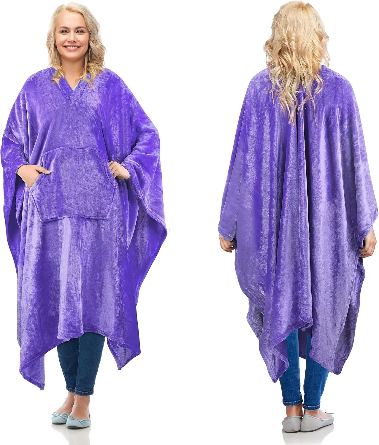 Catalonia Lavender Fleece Wearable Blanket Poncho for Adult Women Men, Travel Wrap Blanket Cape with Pocket | Warm, Soft, Cozy, Snuggly, Gift for Her, No Sleeves | All-Season
