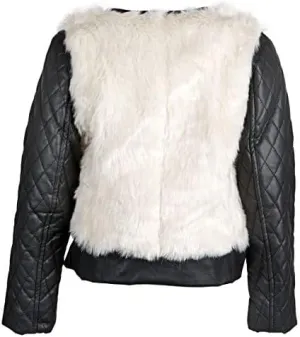 Catherine Malandrino Little Girls Fur Moto Jacket with PU Leather Quilted Sleeve - Cream (Size 4)