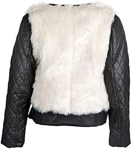 Catherine Malandrino Little Girls Fur Moto Jacket with PU Leather Quilted Sleeve - Cream (Size 4)