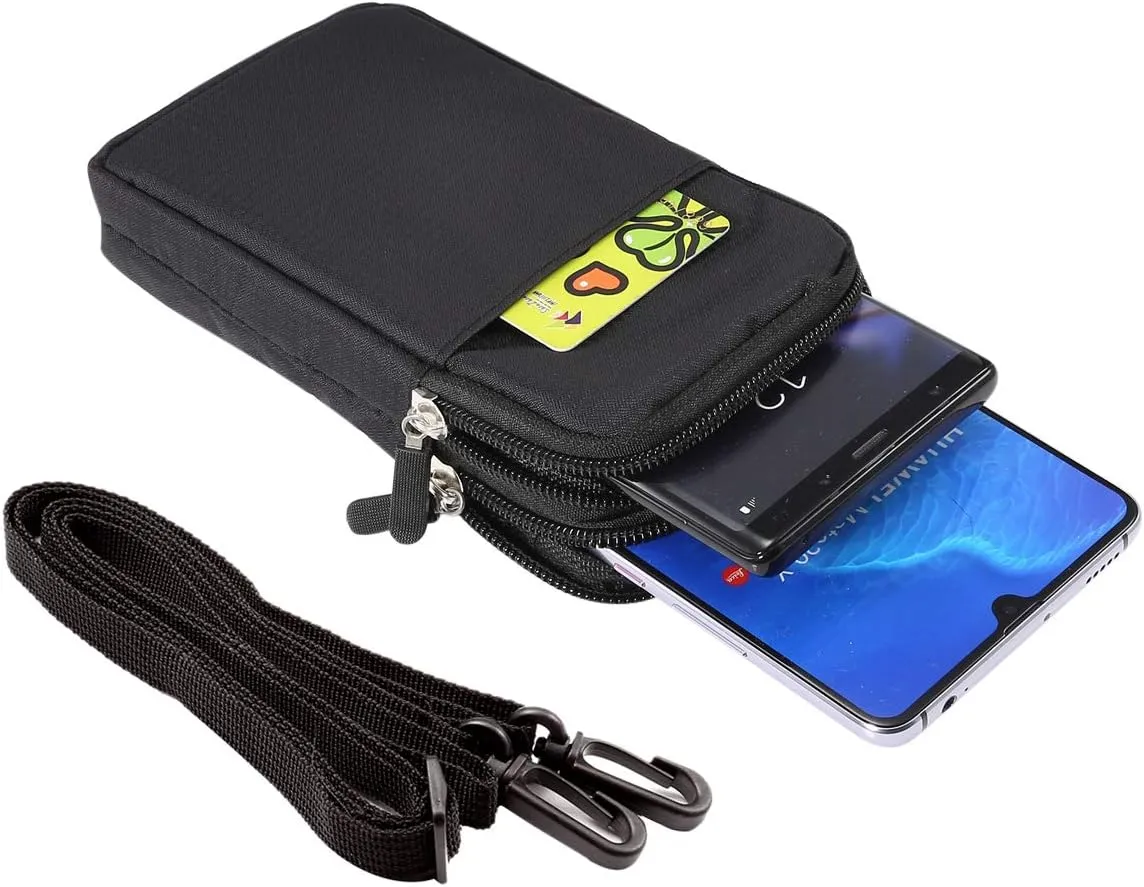 Cell Phone Belt Clip Bag Men, Cell Phone Shoulder Holster, 6.0" Outdoor Travel Vertical Phone Holster Waist Pouch Cellphone Shoulder Messenger Bag Zipper Wallet Phone Holder with Belt Loop Carabiner