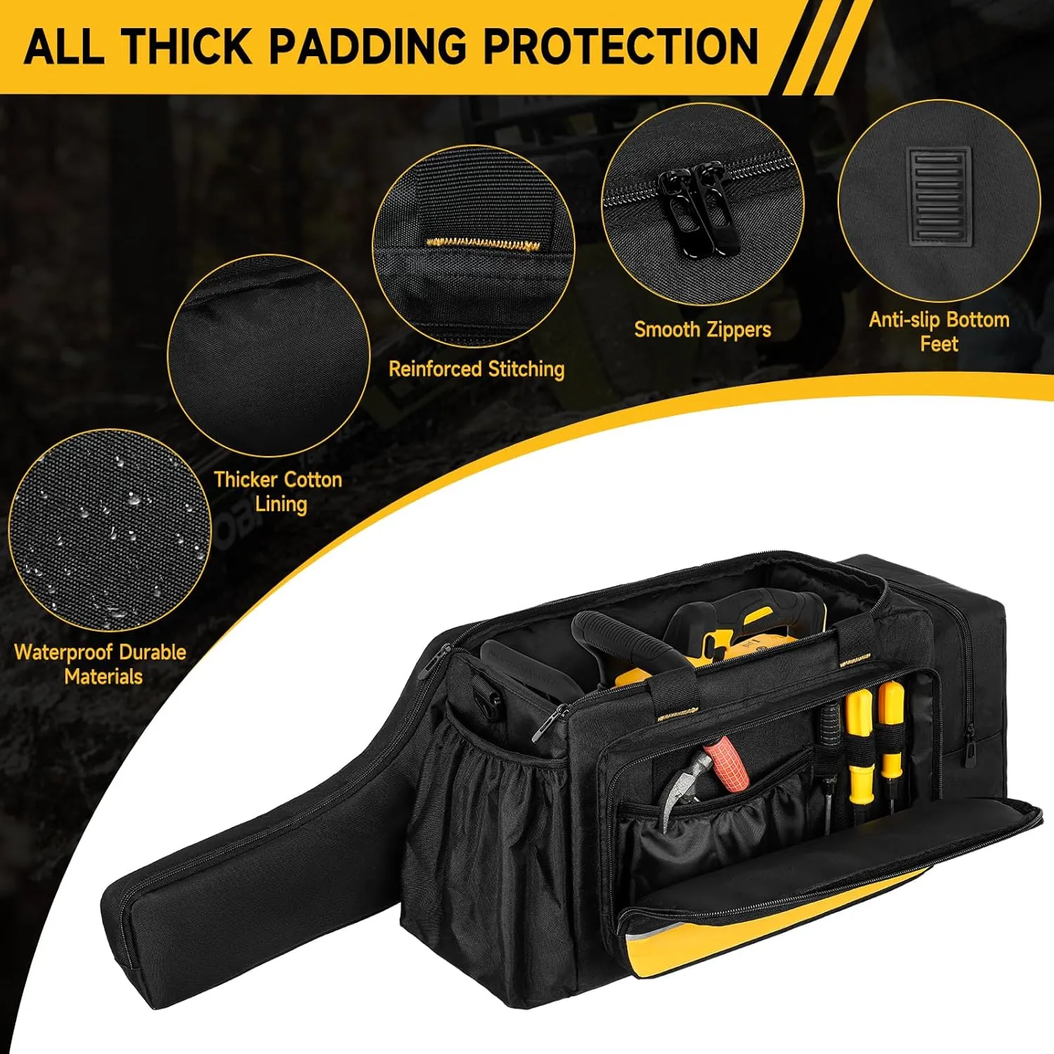 Chainsaw Case,Waterproof Chainsaw Storage Bag Compatible with DEWALT & Ego & Greenworks 10Inch 12Inch Cordless Power Chainsaw&Accessories, Black&Yellow