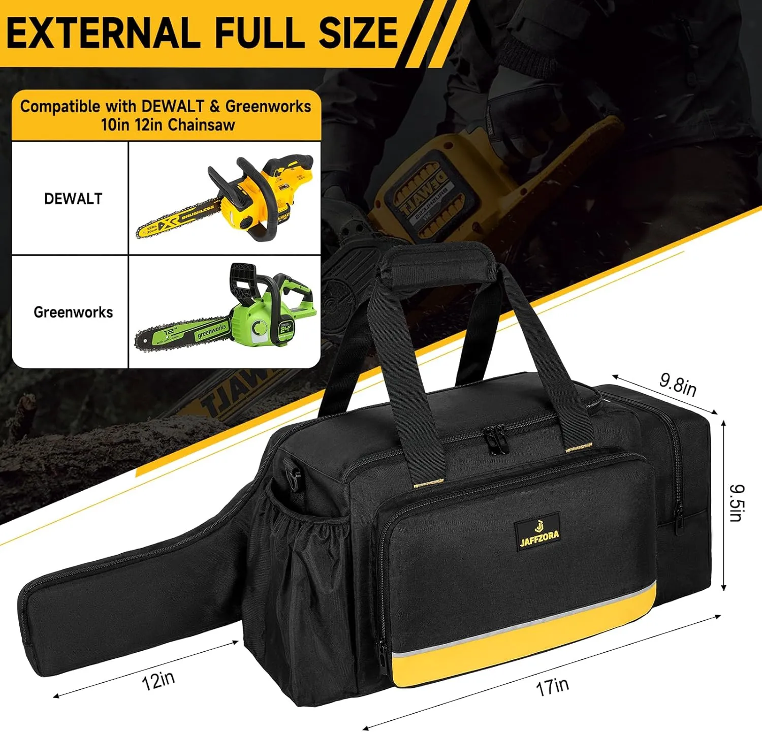 Chainsaw Case,Waterproof Chainsaw Storage Bag Compatible with DEWALT & Ego & Greenworks 10Inch 12Inch Cordless Power Chainsaw&Accessories, Black&Yellow