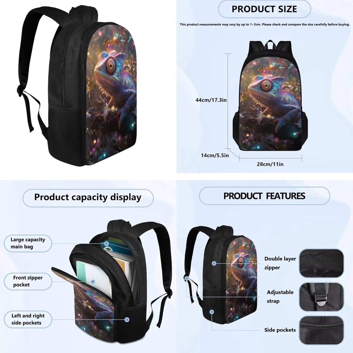 Chameleon 4PCS Boys Backpack for School Kids Backpack for Boys with Lunch Bag Pencil Case Bottle Bag Kids Bookbag Teen Girl Backpacks for Elementary Middle High School