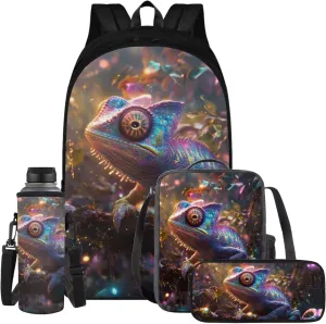 Chameleon 4PCS Boys Backpack for School Kids Backpack for Boys with Lunch Bag Pencil Case Bottle Bag Kids Bookbag Teen Girl Backpacks for Elementary Middle High School