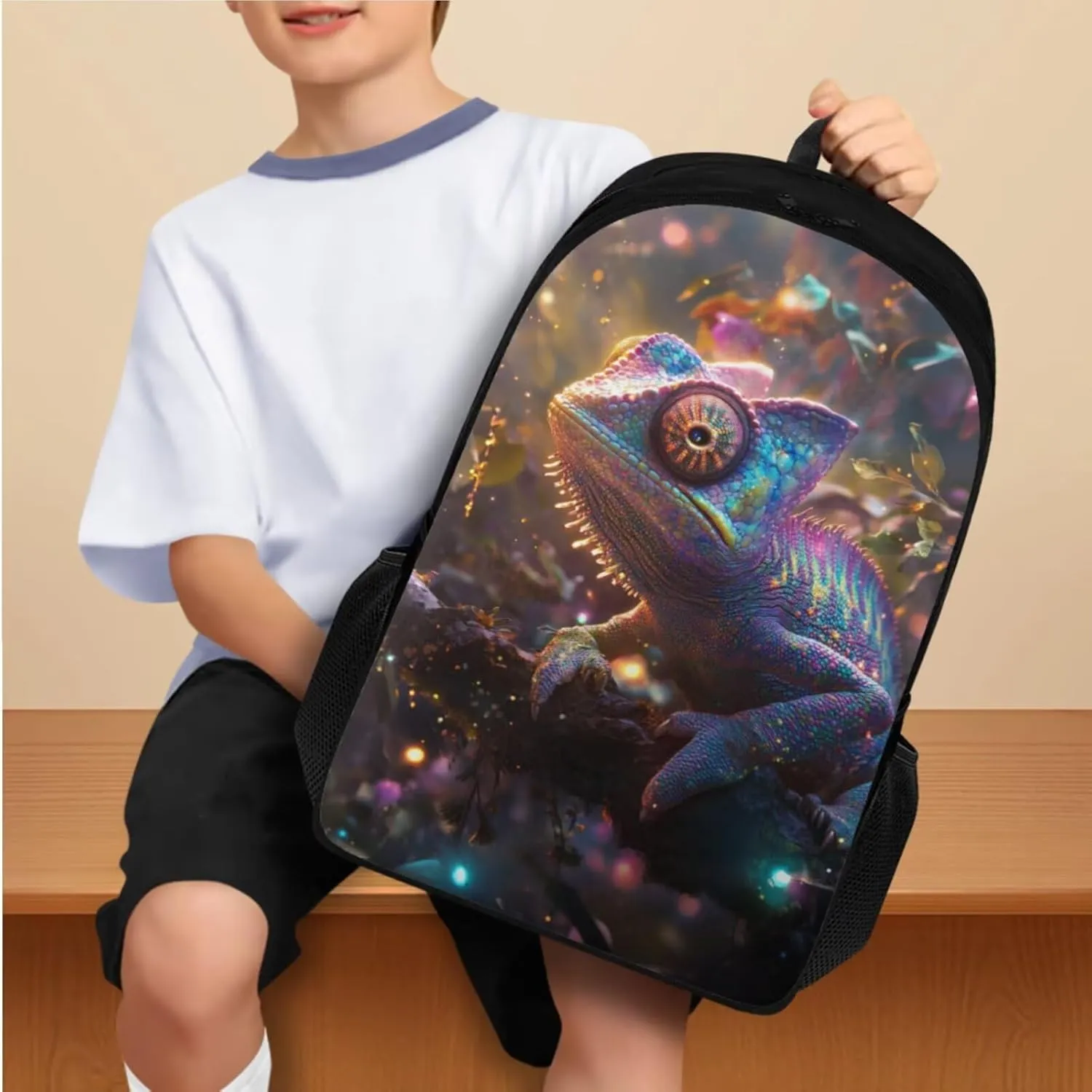 Chameleon 4PCS Boys Backpack for School Kids Backpack for Boys with Lunch Bag Pencil Case Bottle Bag Kids Bookbag Teen Girl Backpacks for Elementary Middle High School