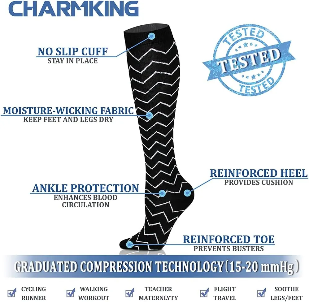 CHARMKING 6 Pairs-Compression Socks for Women & Men Circulation Best Support for Nurses, Running, Athletic,Flight Travel