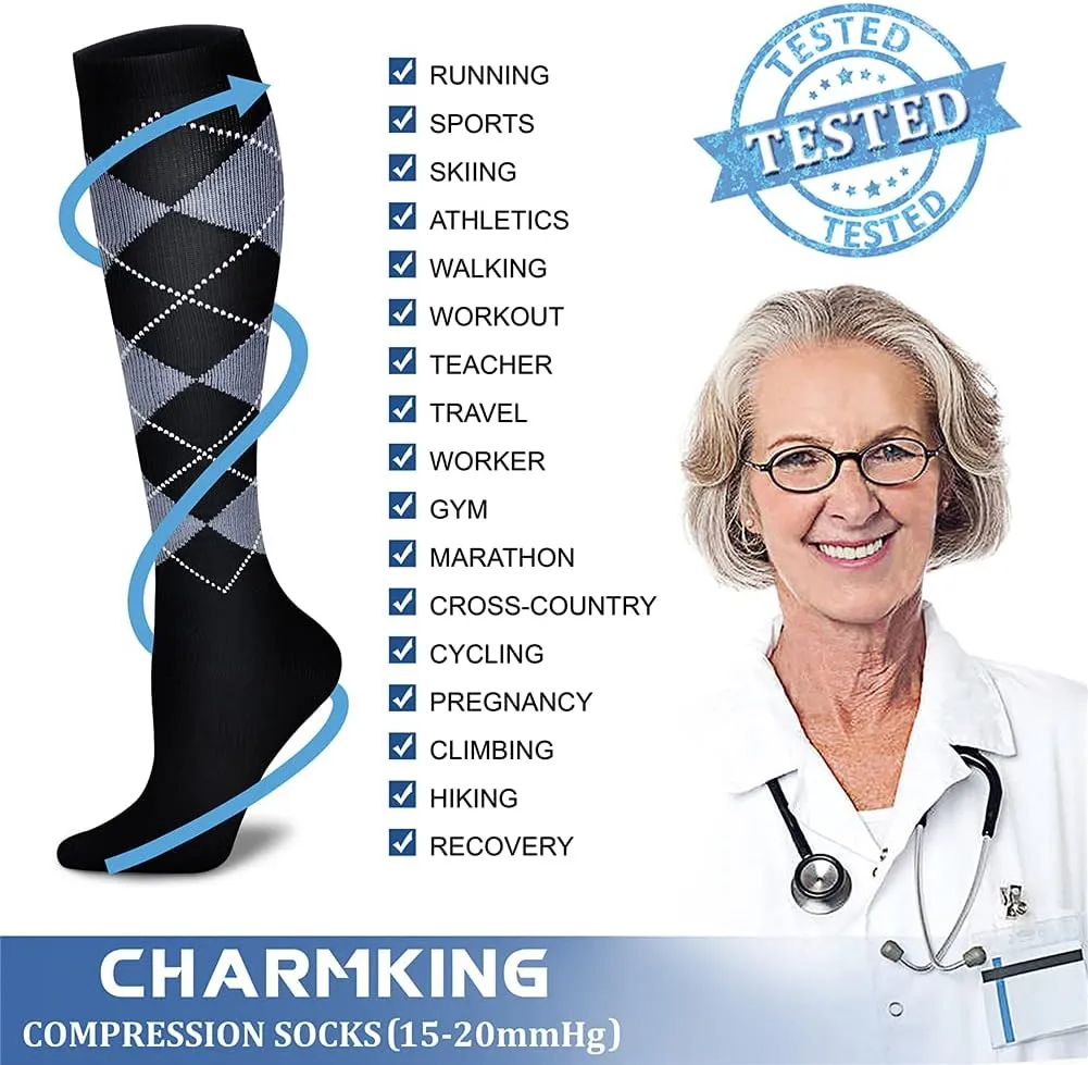 CHARMKING 6 Pairs-Compression Socks for Women & Men Circulation Best Support for Nurses, Running, Athletic,Flight Travel
