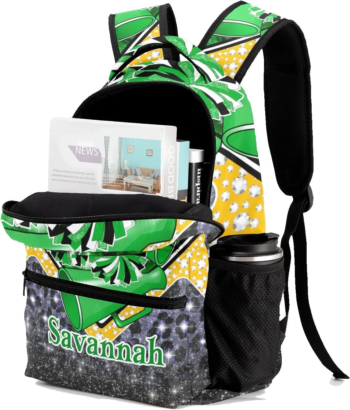 Cheer Backpack Cheerleader Bags Personalized Shoulders Bags for Women Men Gift(Green Black Gold)