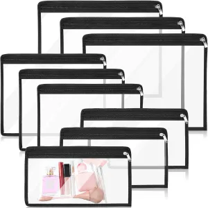 CHENGU 9 Pack Clear Zipper Pouches Multipurpose PVC Waterproof Pouch Clear Travel Bags for Cosmetic Wallet Pencil Organize(Black Side)