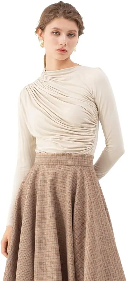 CHICWISH Women's Mock Neck Ruched Long Sleeves Knit Top