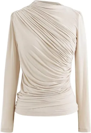 CHICWISH Women's Mock Neck Ruched Long Sleeves Knit Top