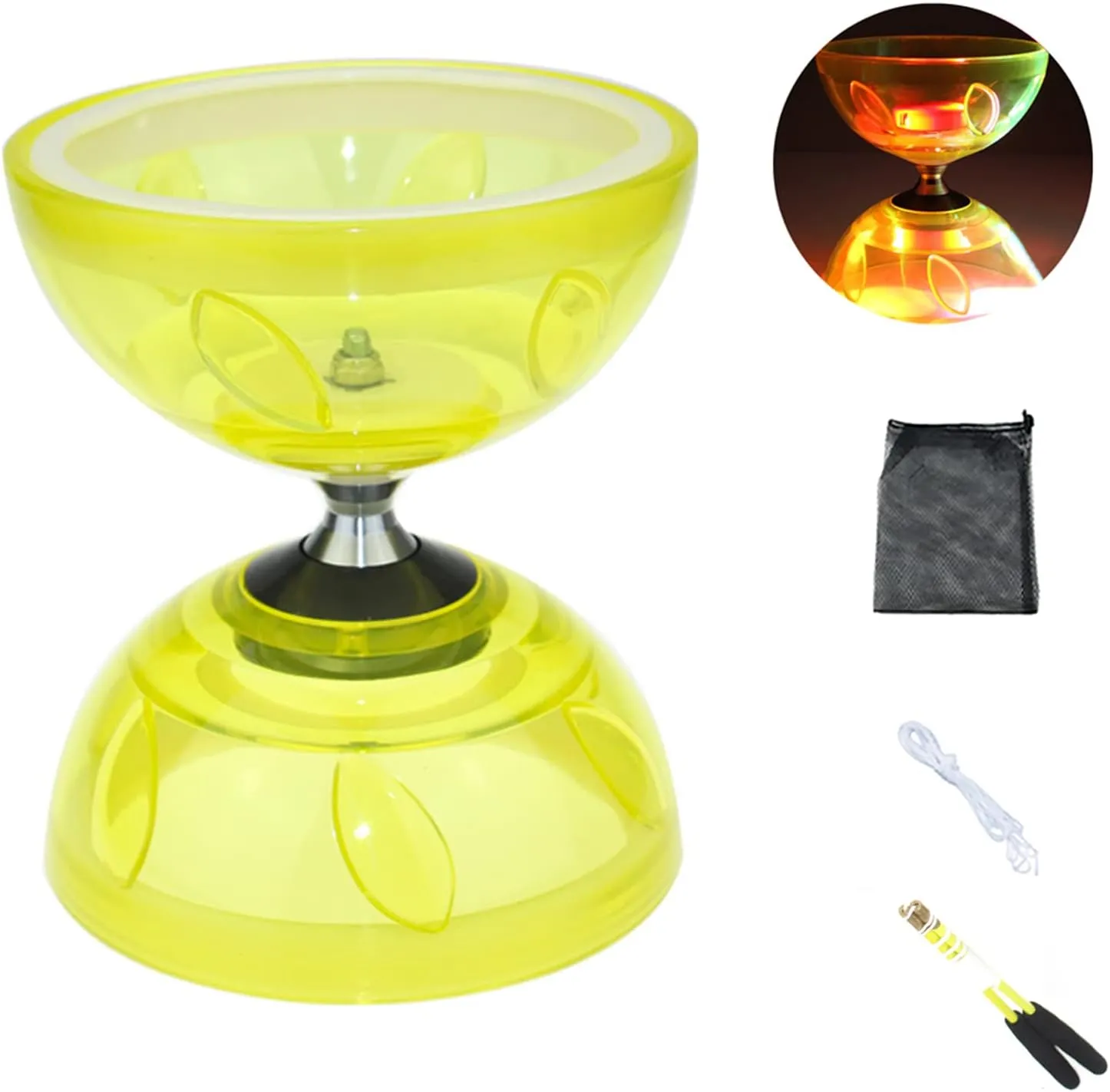 Chinese Diabolo Yoyo Set - Triple Bearing LED Diabolo Yo-yos Juggling Toys with Diablo Sticks, String & Net Bag, Easier Start/Faster/Stable & Lasts Longer (Yellow)