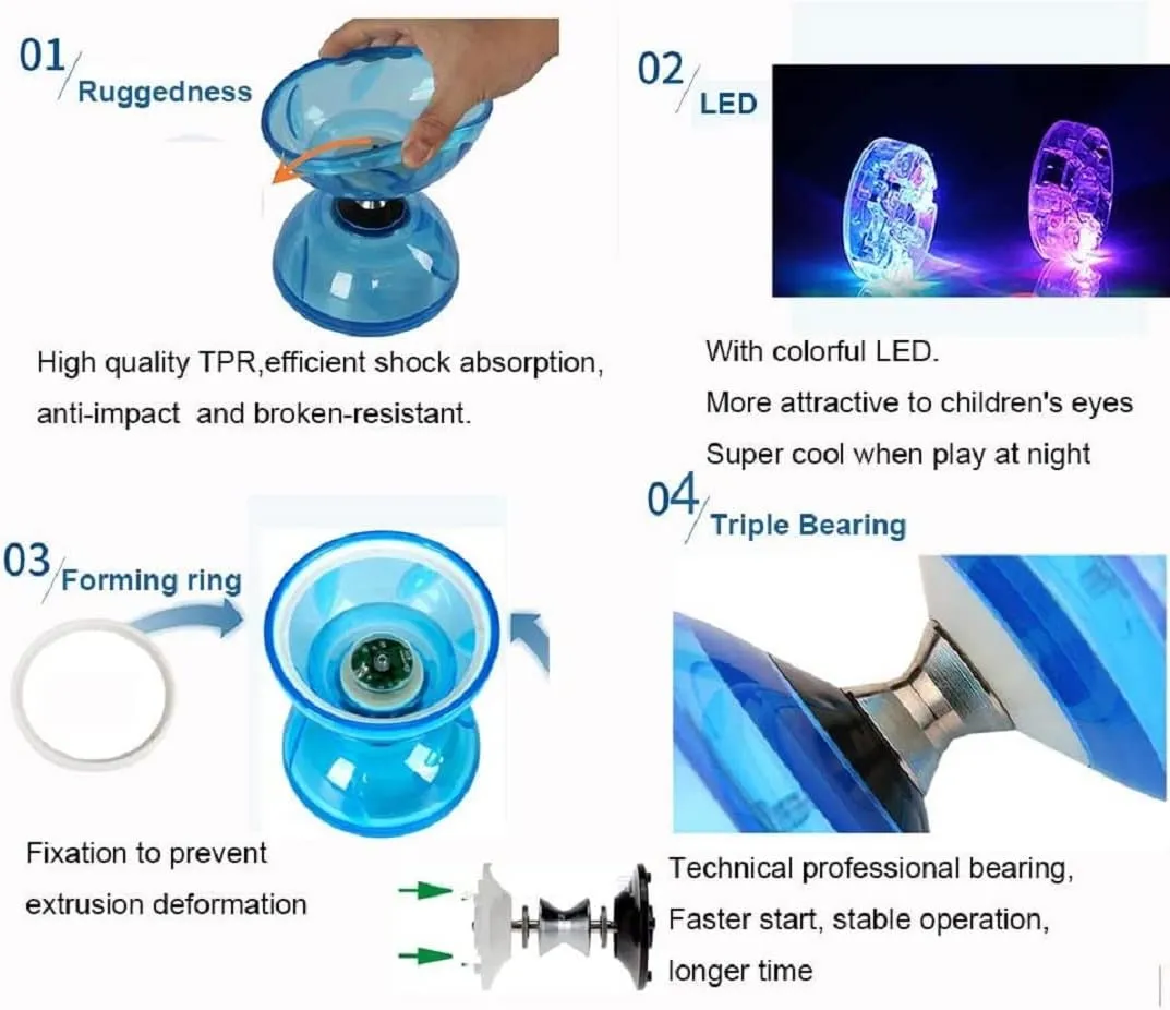 Chinese Diabolo Yoyo Set - Triple Bearing LED Diabolo Yo-yos Juggling Toys with Diablo Sticks, String & Net Bag, Easier Start/Faster/Stable & Lasts Longer (Yellow)