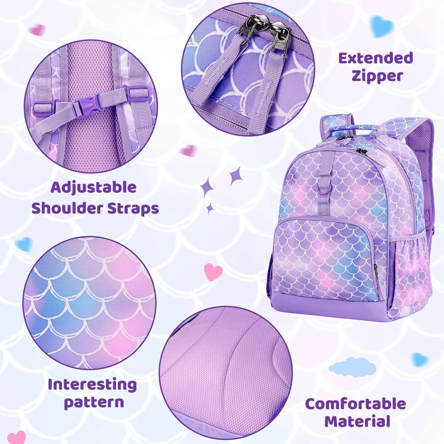 Choco Mocha Mermaid Backpack for Girls, Kindergarten Backpack for Girls Ages 4-6, Kids Preschool Bookbag Girl 15 inch, Purple