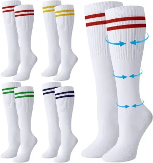 Chuarry 4 Pairs Compression Striped Socks for Women Men 15-20 Mmhg Athletic White Knee High Stockings with Retro Colorful Stripes Cotton Support Long Socks for Sports Gym Training Running Hiking