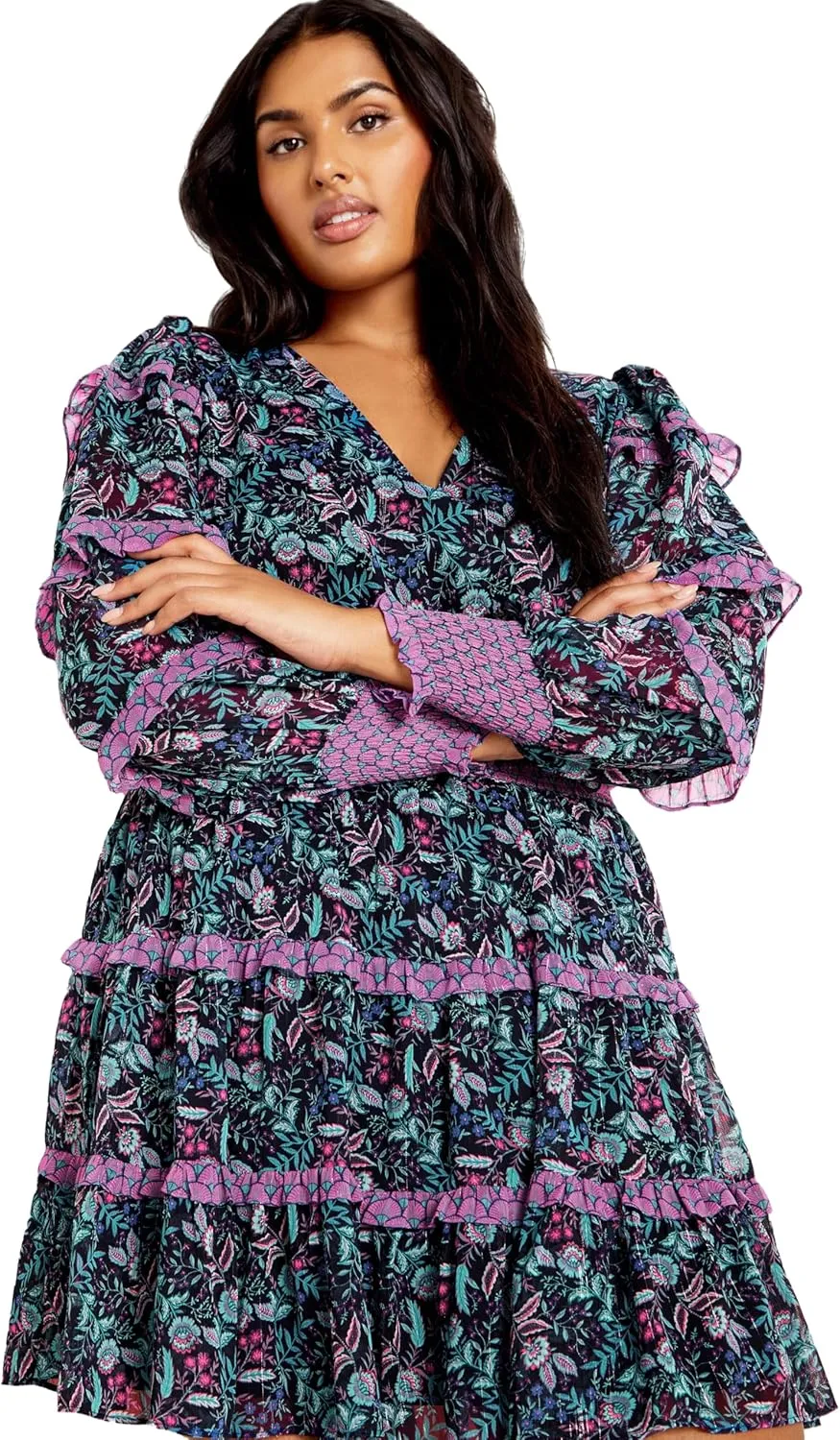 City Chic Plus Size Hollie Tier Ruffle Print Dress in Florentine
