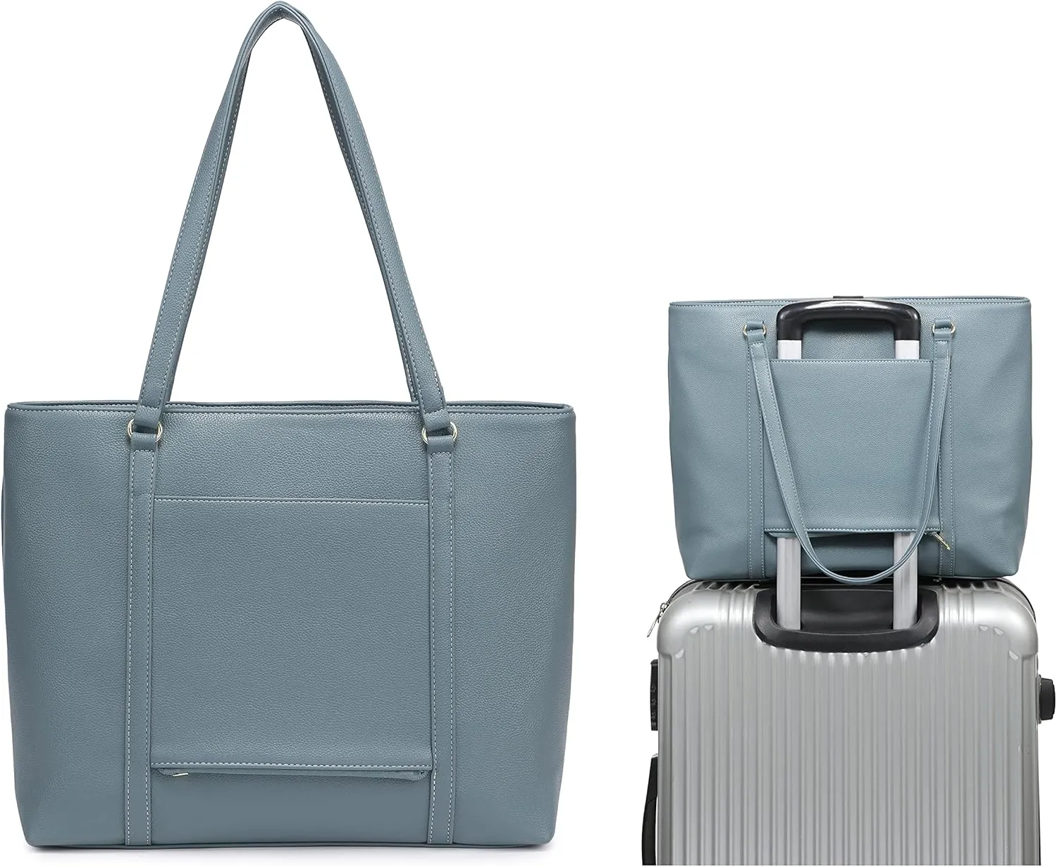 Classic Laptop Leather Tote Bag for 15 15.6 inch Notebook Computers Travel Carrying Bag with Smart Trolley Strap Design - Blue Gray