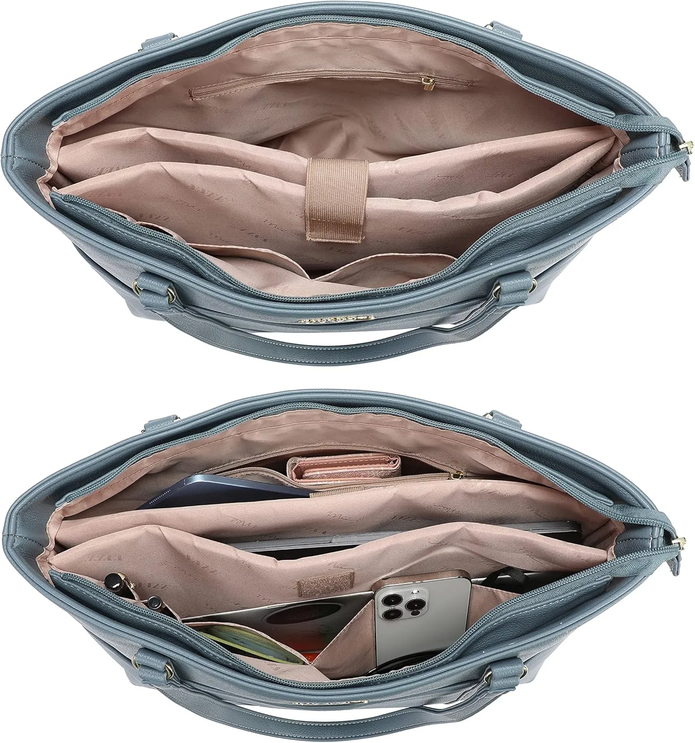 Classic Laptop Leather Tote Bag for 15 15.6 inch Notebook Computers Travel Carrying Bag with Smart Trolley Strap Design - Blue Gray