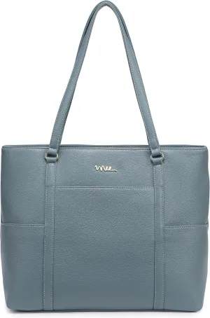 Classic Laptop Leather Tote Bag for 15 15.6 inch Notebook Computers Travel Carrying Bag with Smart Trolley Strap Design - Blue Gray