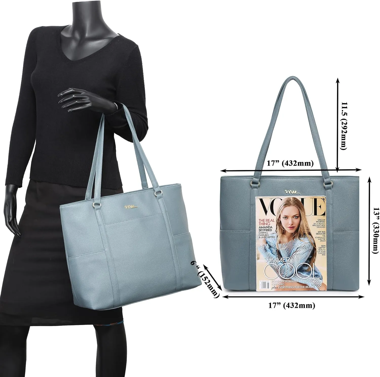 Classic Laptop Leather Tote Bag for 15 15.6 inch Notebook Computers Travel Carrying Bag with Smart Trolley Strap Design - Blue Gray