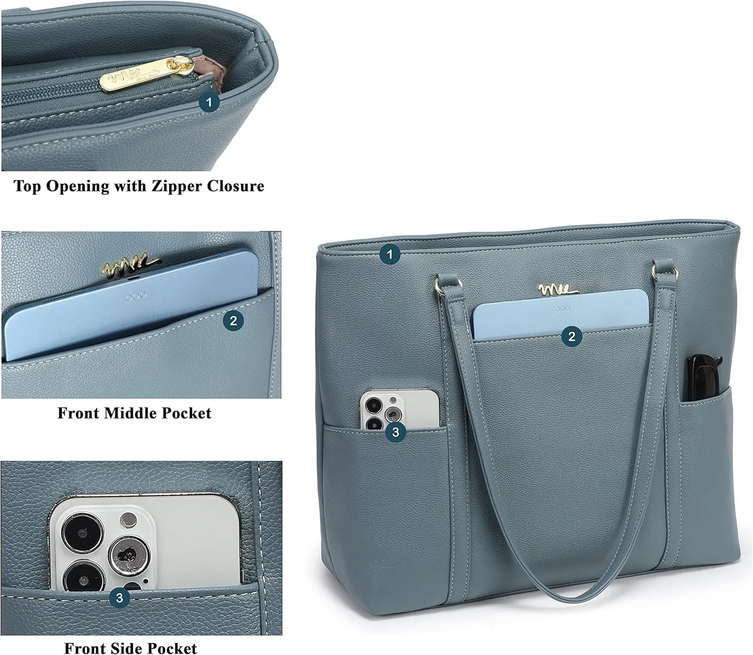 Classic Laptop Leather Tote Bag for 15 15.6 inch Notebook Computers Travel Carrying Bag with Smart Trolley Strap Design - Blue Gray