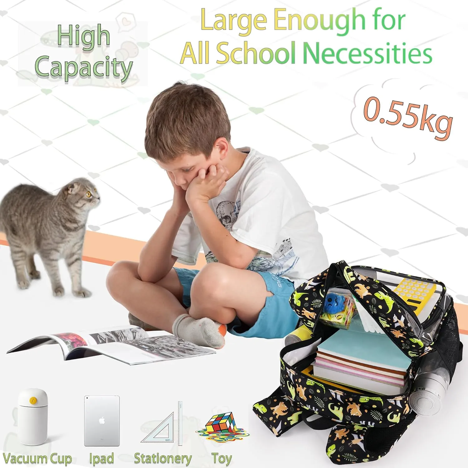 Clear Backpack,16'' Clear Backpack for Boys Heavy Duty School Backpacks See Through Bookbag for Kids 4 to 8,Black Dinosaur