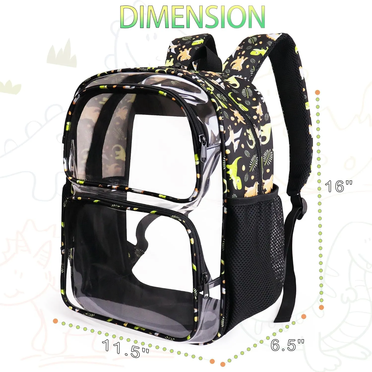 Clear Backpack,16'' Clear Backpack for Boys Heavy Duty School Backpacks See Through Bookbag for Kids 4 to 8,Black Dinosaur