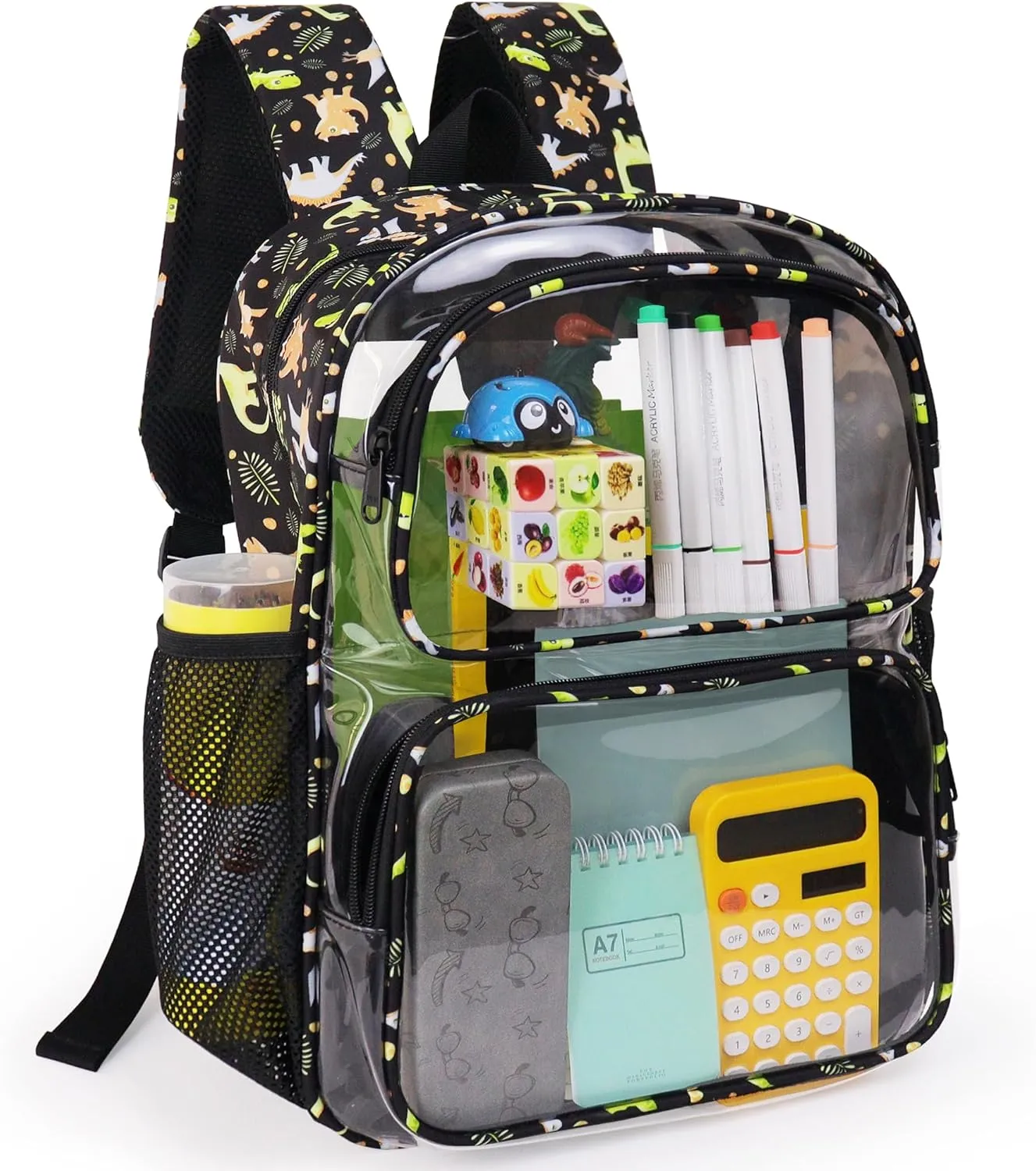 Clear Backpack,16'' Clear Backpack for Boys Heavy Duty School Backpacks See Through Bookbag for Kids 4 to 8,Black Dinosaur