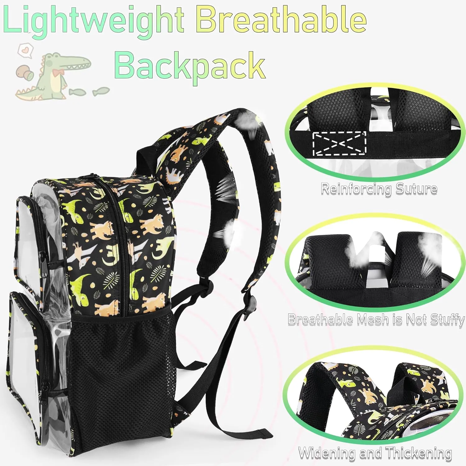 Clear Backpack,16'' Clear Backpack for Boys Heavy Duty School Backpacks See Through Bookbag for Kids 4 to 8,Black Dinosaur