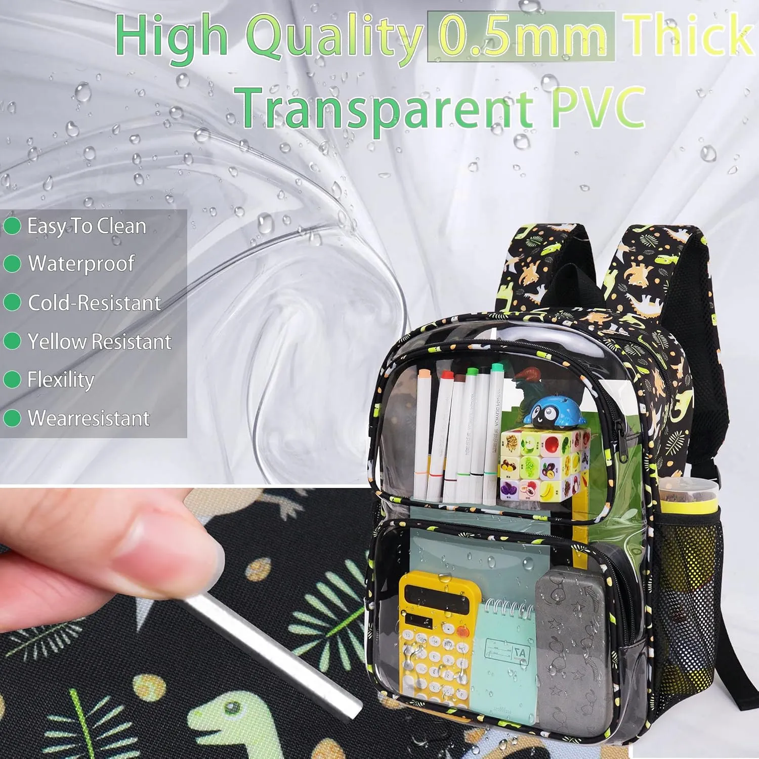 Clear Backpack,16'' Clear Backpack for Boys Heavy Duty School Backpacks See Through Bookbag for Kids 4 to 8,Black Dinosaur