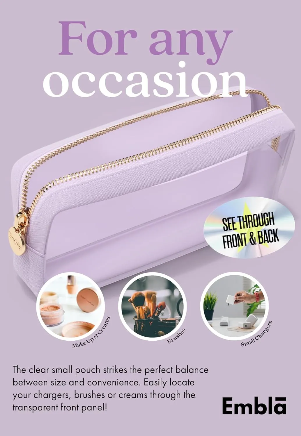 Clear Makeup Bag Zipper Pouch, Transparent Cosmetic Case Organizer, TSA Approved Travel Toiletry Case, Travel Accessories Essentials Makeup Tote for Women, Small Cute Make up Bag for Purse - Lilac